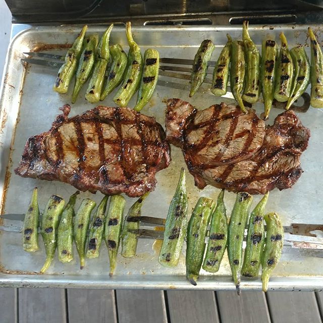 You are currently viewing What happens to the okra that doesn’t sell at the farmers market? It gets grilled, along other things! Throw them in a bag with a little olive oil and some Avalon Farm’s rosemary salt (which was out for putting in the steaks, right?), mix well and cook over a medium low burner. Yum!