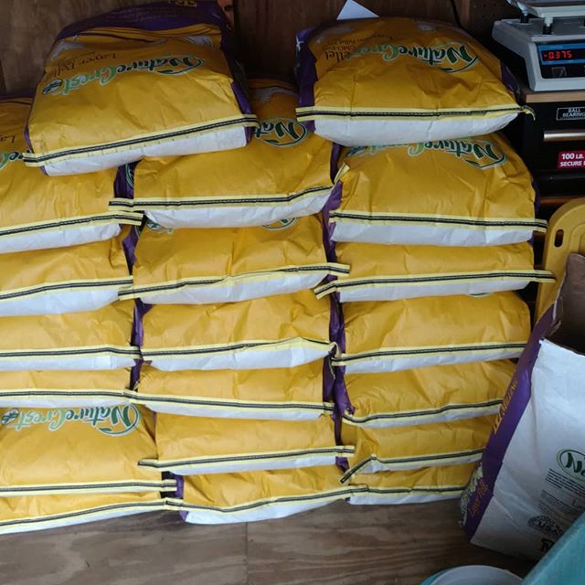 Read more about the article Boy, you never know where life will lead you. Never dreamed we’d be buying chicken feed by the half ton. 🤔😮 This non-GMO, non-soy feed will last just under a month, at current chicken numbers, to provide supplemental feed to our pasture raised meat and egg layers. But we’ll be adding another 100 meat chickens soon!